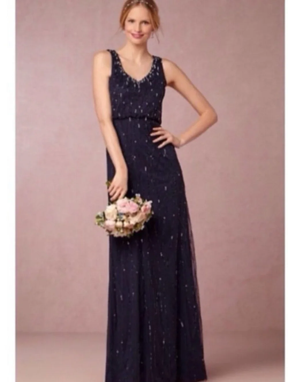 ANTHROPOLOGIE Adriana Papell  BROOKLYN NAVY BEADED DRESS SZ 0/ XS